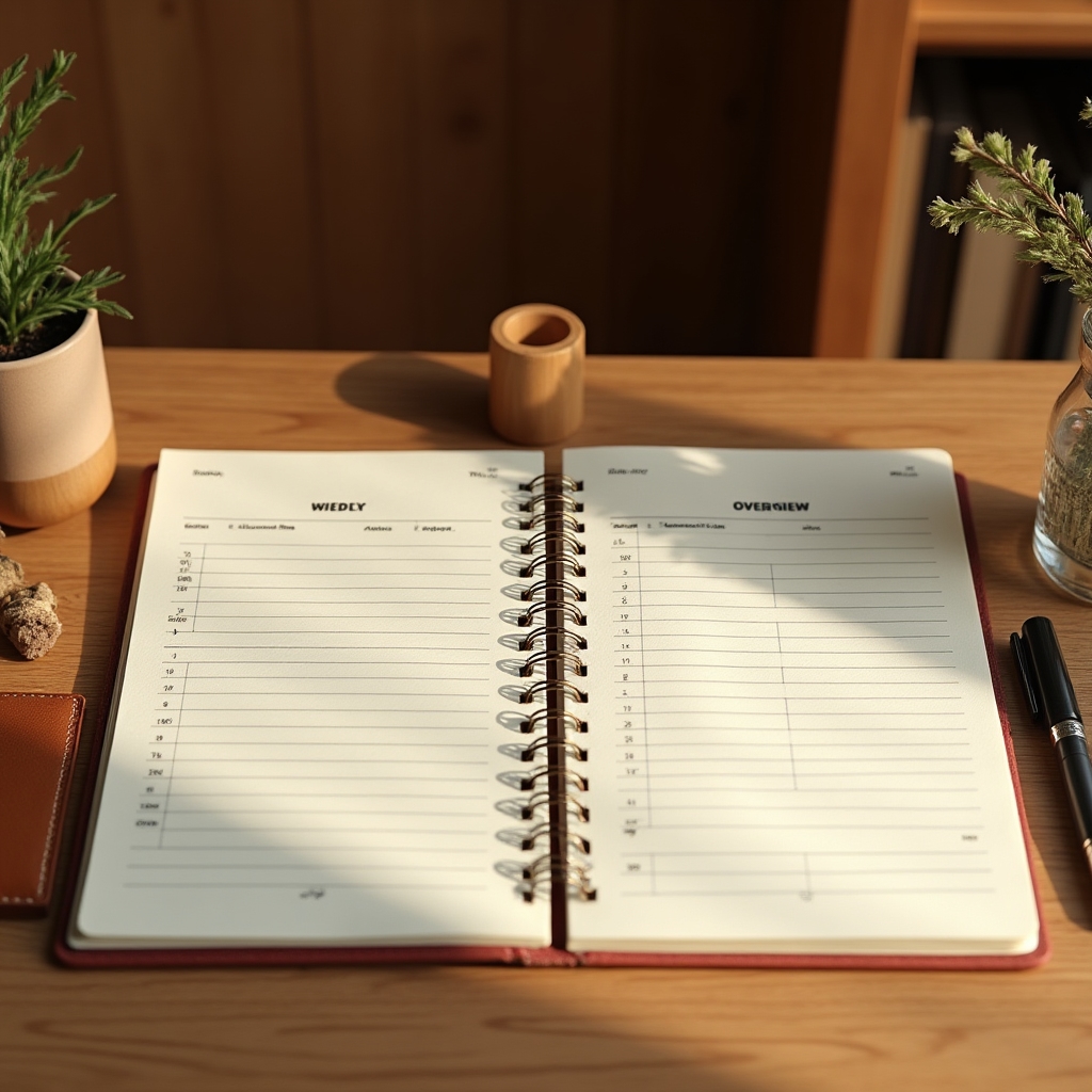 Smartes Notizsystem mit Budget-Tabelle und Wochenkalender nebeneinander, natürliches Seitenlicht