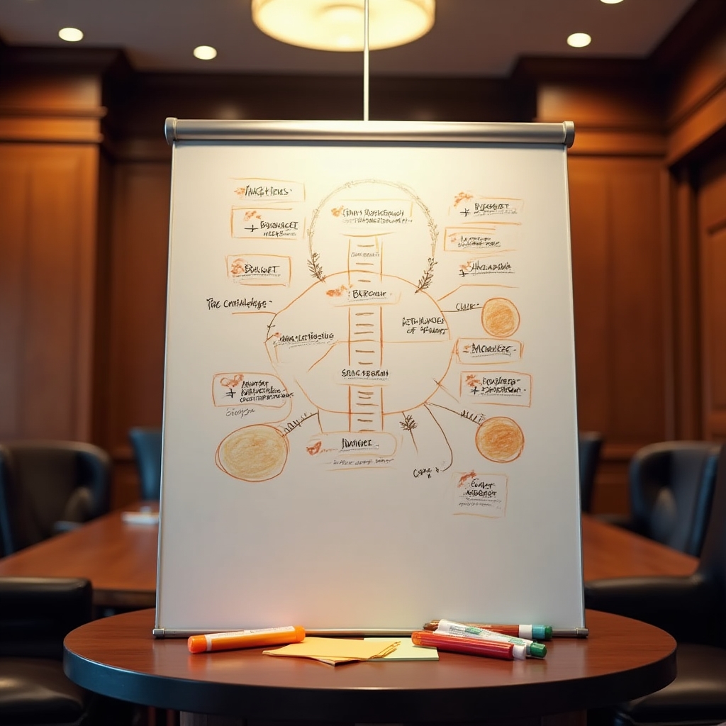 Whiteboard mit Konzeptskizzen für das integrierte Planungssystem, Marker und Post-its sichtbar