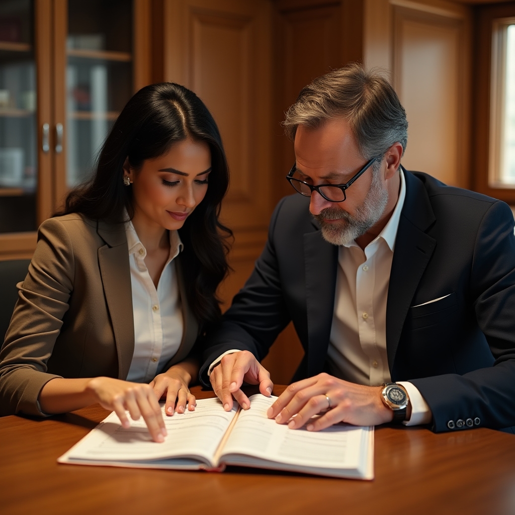 Zwei Personen sitzen an einem Holztisch und schauen gemeinsam auf ein aufgeschlagenes Planungsheft