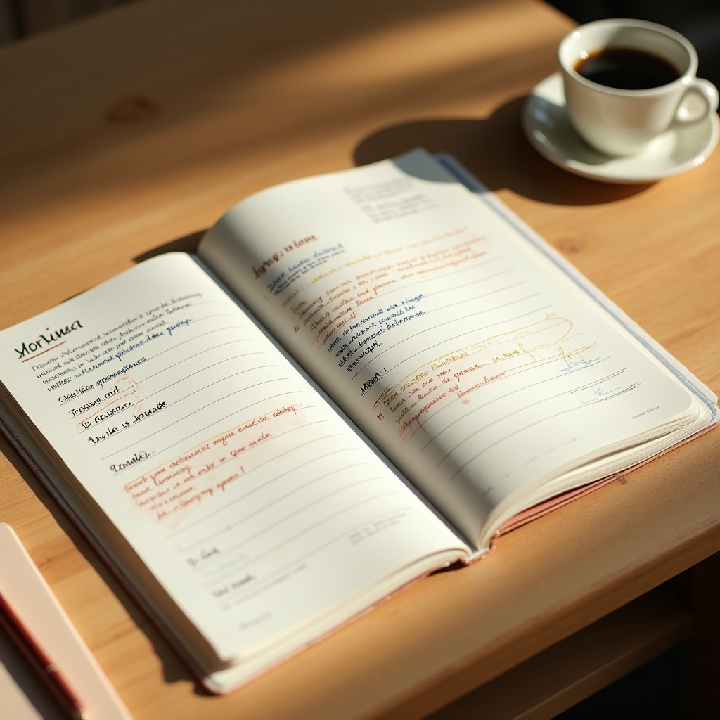 Aufgeschlagener Wochenplaner mit handschriftlichen Einträgen auf einem Holztisch, warmes Morgenlicht